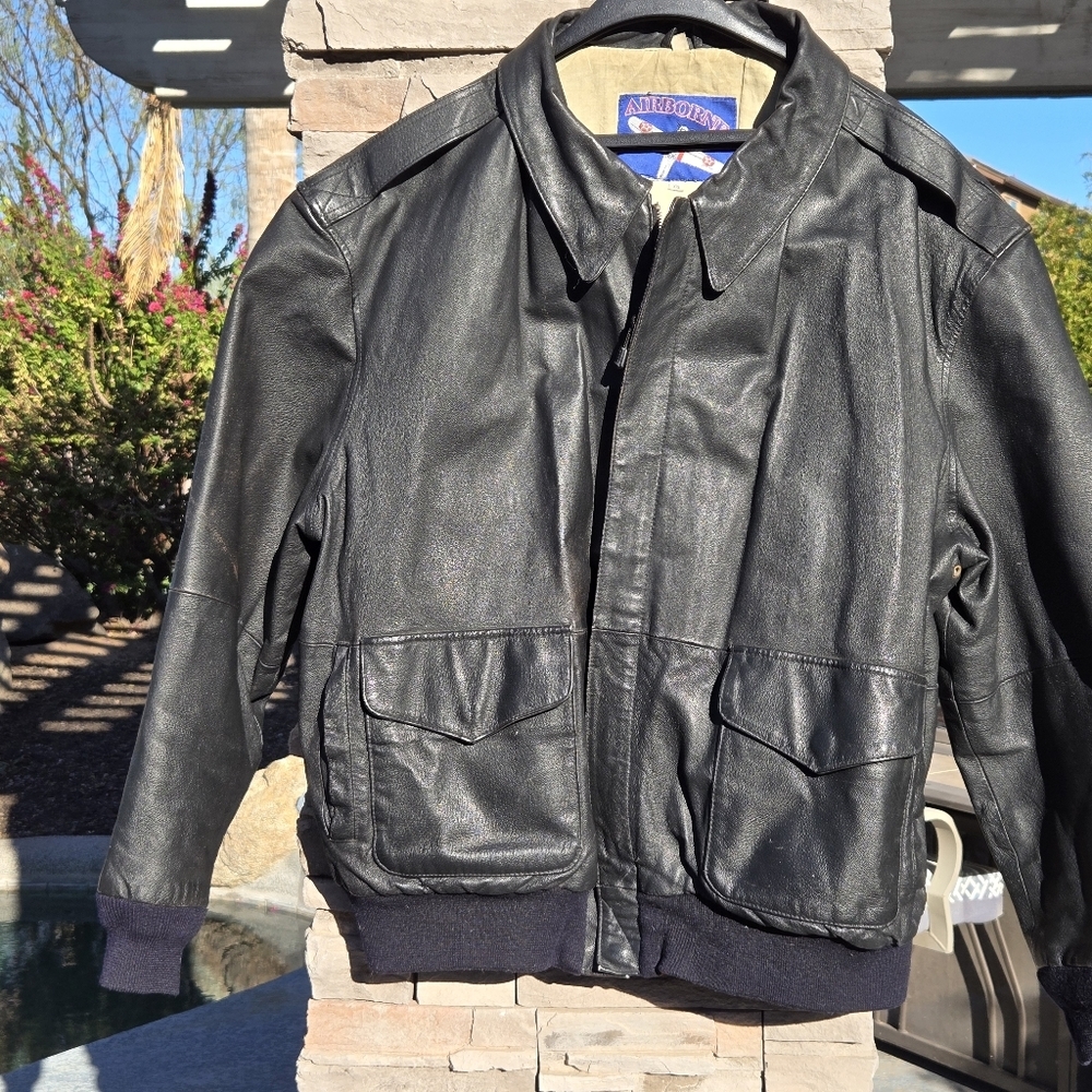 Vintage Top Gun Airborne Bomber Leather Jacket With Gunner Pins On Collar Sz: XL